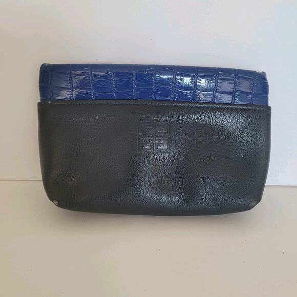 Givenchy Vintage Cosmetic Bag Pouch Navy Blue Zip Logo Geniue Leather Small - Picture 1 of 13